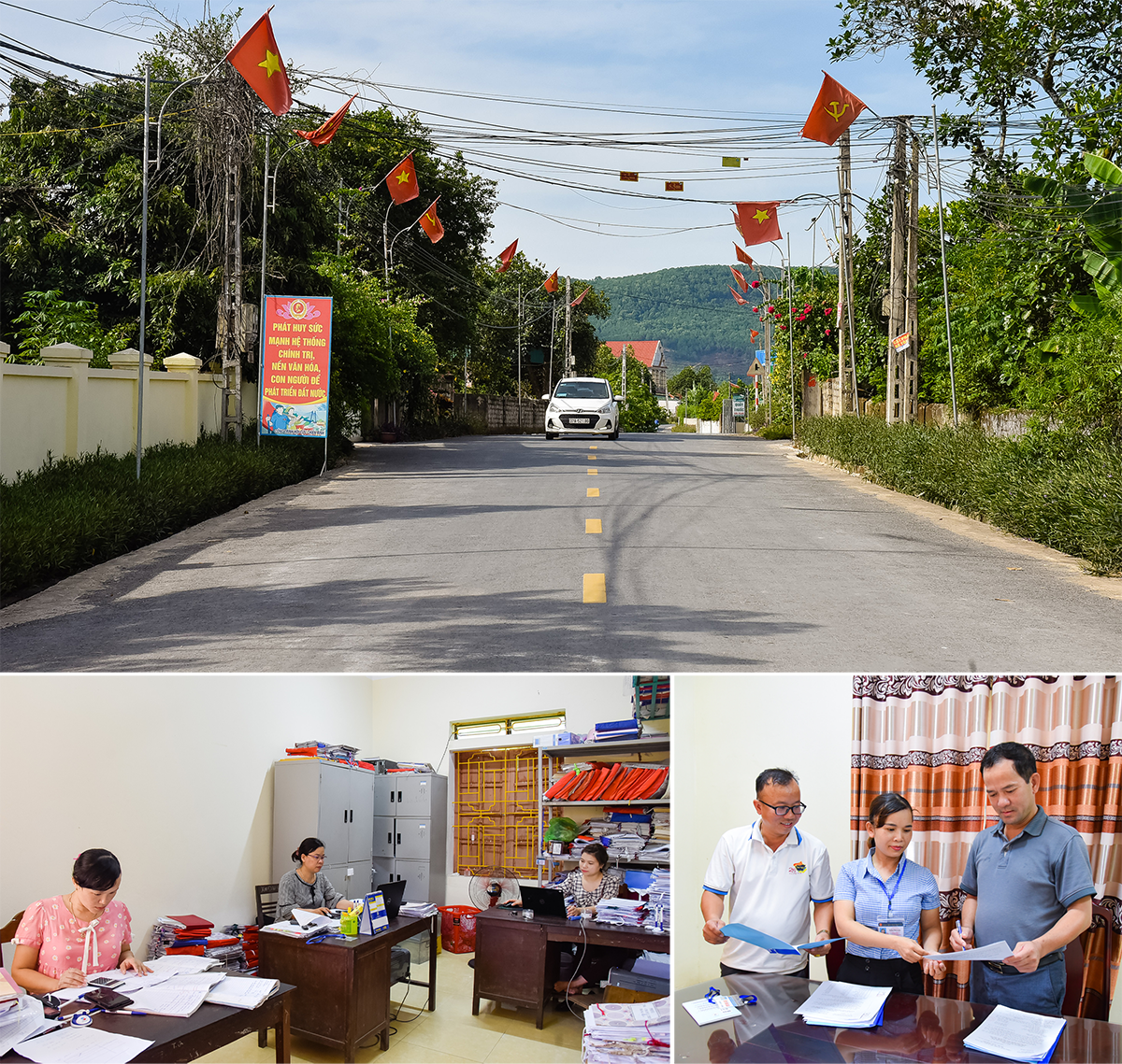 Quang cảnh xã Nghi Văn (Nghi Lộc); Cán bộ xã Nghi Văn, Nghi Lộc thực hiện nhiệm vụ chuyên môn. Ảnh: Thanh Lê