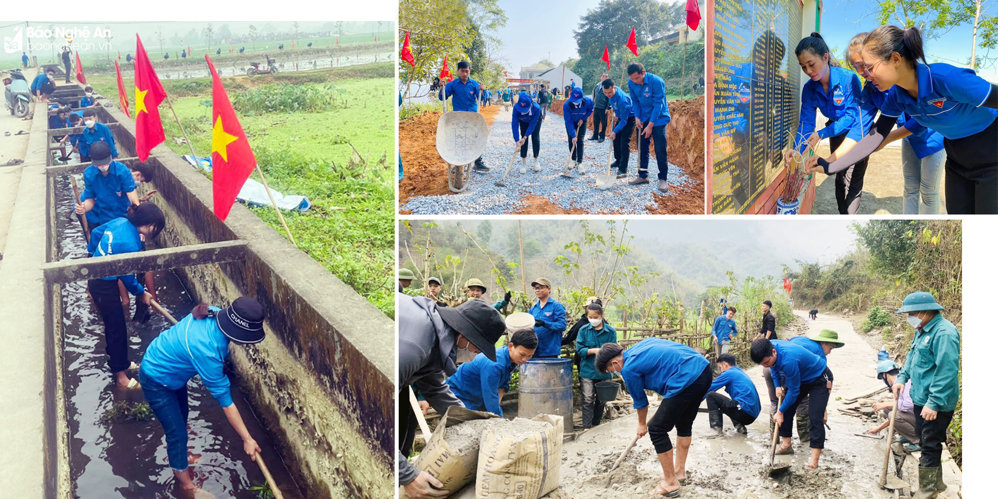 Tuổi trẻ huyện Nam Đàn ra quân nạo vét kênh mương; Tuổi trẻ huyện Kỳ Sơn triển khai làm đường giao thông tại những địa bàn khó khăn; Đoàn viên, thanh niên huyện Kỳ Sơn tri ân anh hùng liệt sỹ; Tuổi trẻ huyện miền núi Tương Dương chung tay xây dựng nông thôn mới. Ảnh: CSCC