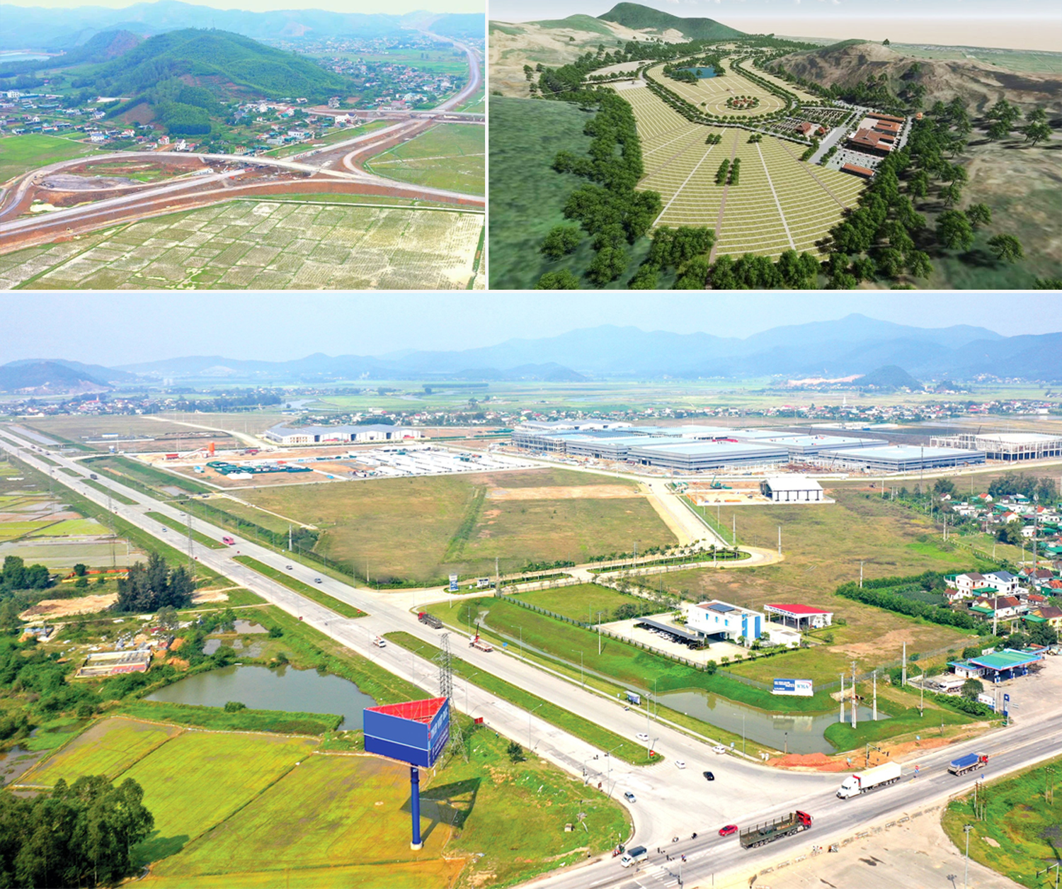 Nút giao lên xuống từ cao tốc Bắc - Nam tại xã Quỳnh Vinh trước ngày thông xe; Phối cảnh Dự án Công viên Sinh thái vĩnh hằng; Một góc Khu công nghiệp WHA nằm trong Khu kinh tế Đông Nam. Ảnh tư liệu: P.V