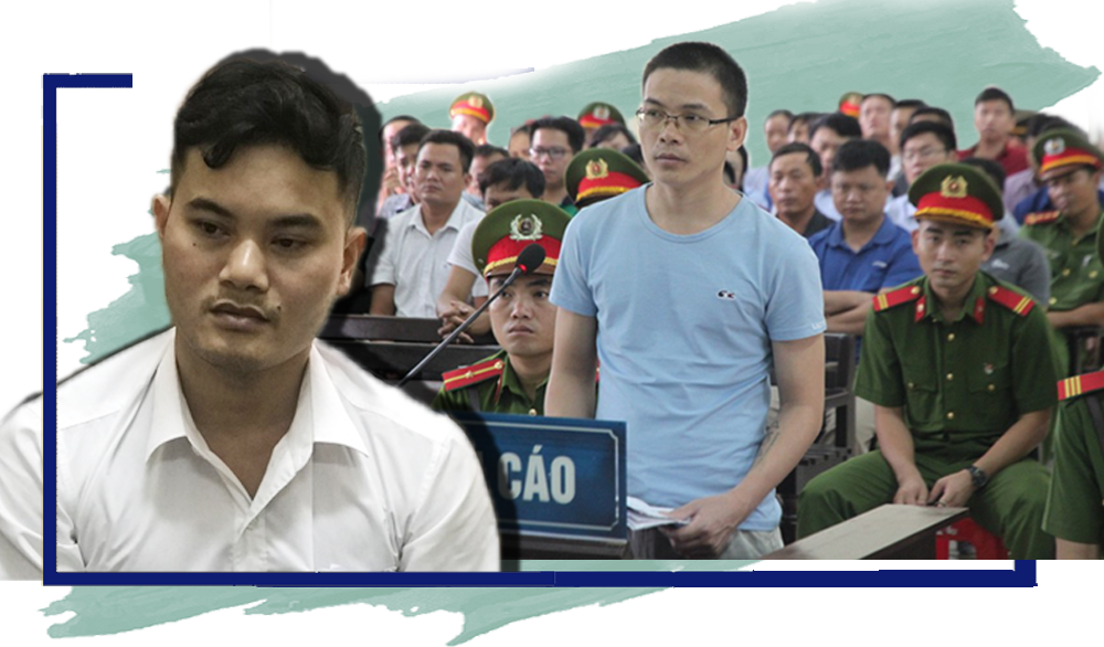 Đối tượng Nguyễn Duy Hướng, kẻ đã sử dụng facebook “Bảo Kiếm” đăng tải nhiều nội dung xuyên tạc, chống phá Nhà nước; Đối tượng Nguyễn Viết Dũng (tức Dũng phi hổ) một trong những kẻ chống phá điên cuồng bị đưa ra xét xử trước vành móng ngựa. Ảnh tư liệu: Đức Vũ