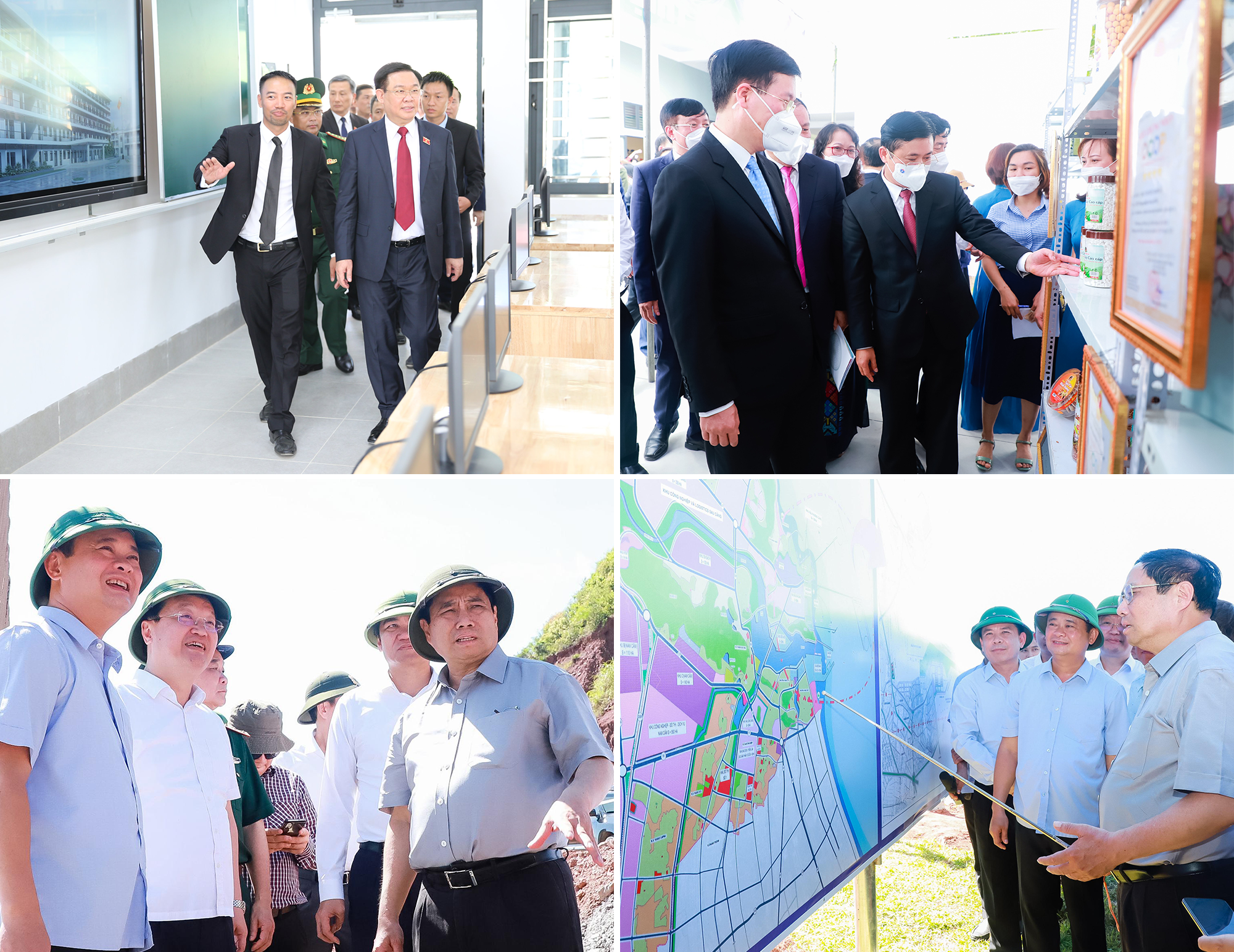 Chủ tịch Quốc hội Vương Đình Huệ kiểm tra cơ sở vật chất Trường THPT Kỳ Sơn; Đồng chí Võ Văn Thưởng thăm gian hàng sản phẩm OCOP của huyện Nam Đàn; Thủ tướng Chính phủ kiểm tra tiến độ thi công tuyến đường ven biển đoạn qua huyện Nghi Lộc và dự án Cảng nước sâu Cửa Lò. Ảnh: Thành Duy