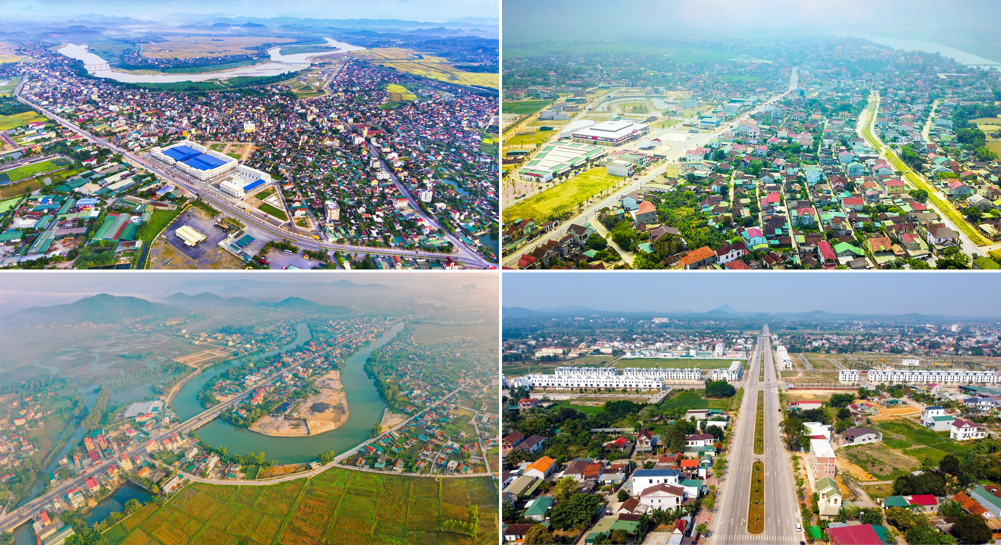 Toàn cảnh thị trấn Nam Đàn, thị trấn Đô Lương, thị xã Hoàng Mai và thị xã Thái Hòa. Ảnh: Quang Dũng - Sách Nguyễn - Hồ Long - Thành Cường