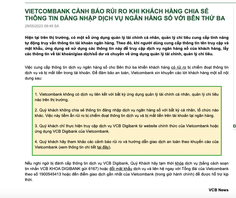 BNA_Ngân hàng Vietcombank đăng thông tin cảnh báo nguy cơ bị chiếm đoạt tài khoản khi chia sẻ thông tin dịch vụ cho bên thứ 3. Ảnh chụp màn hình.png