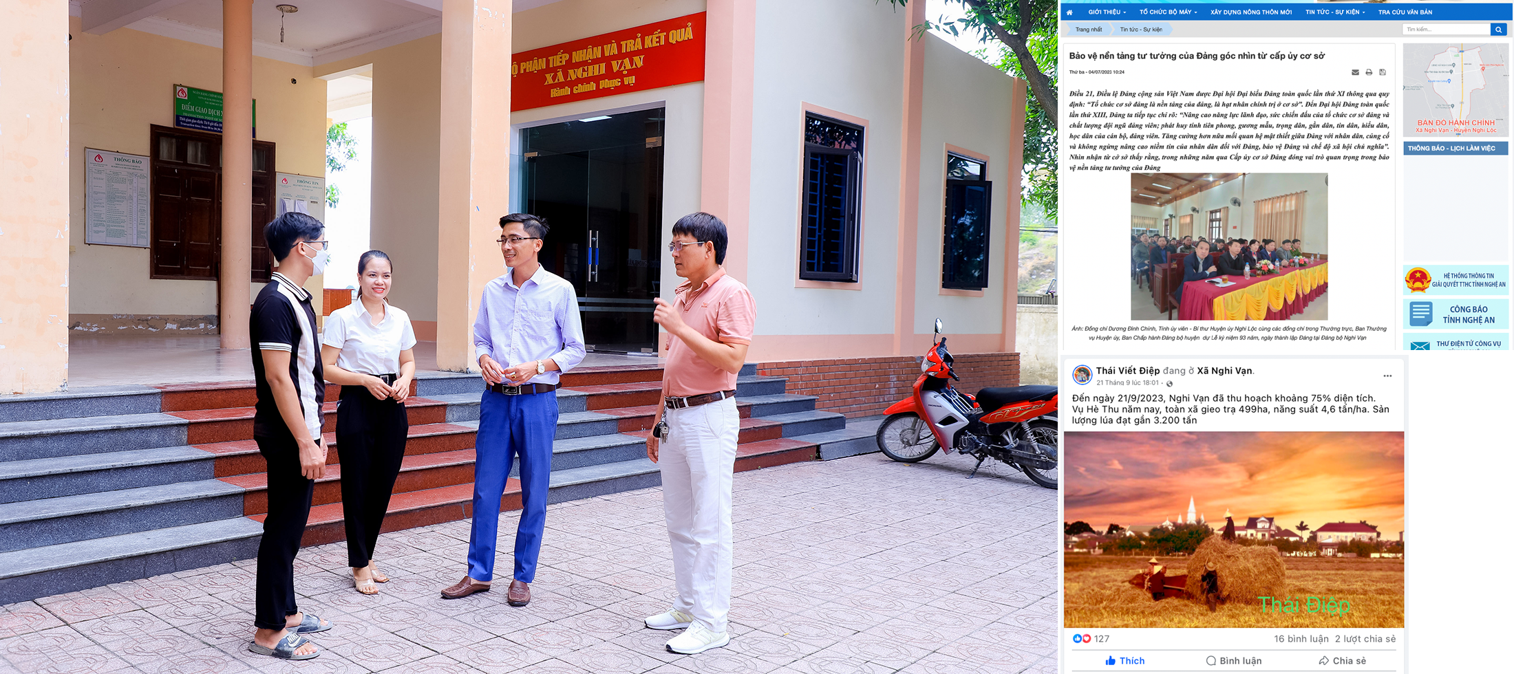 Đồng chí Thái Viết Điệp - Phó Bí thư Đảng ủy xã Nghi Vạn, huyện Nghi Lộc (thứ hai từ phải sang) trao đổi với cán bộ, người dân; Trang thông tin điện tử xã Nghi Vạn đăng tải bài viết về bảo vệ nền tảng tư tưởng của Đảng; Đồng chí Thái Viết Điệp thường xuyên sử dụng Facebook để thông tin tuyên truyền tình hình trên địa bàn.
