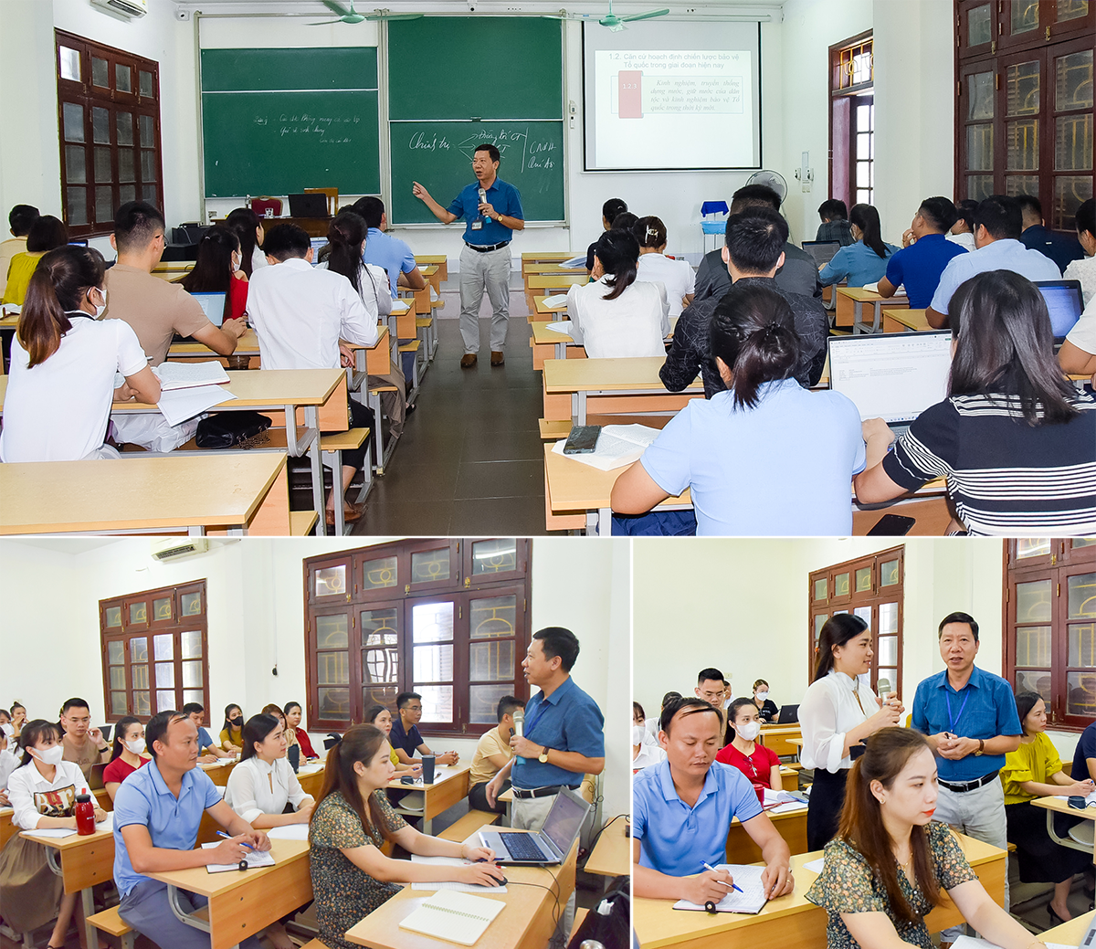 Thạc sĩ Ngô Bá Cường - Trưởng Khoa Xây dựng Đảng, Trường Chính trị tỉnh Nghệ An giảng dạy tại lớp Trung cấp chính trị.