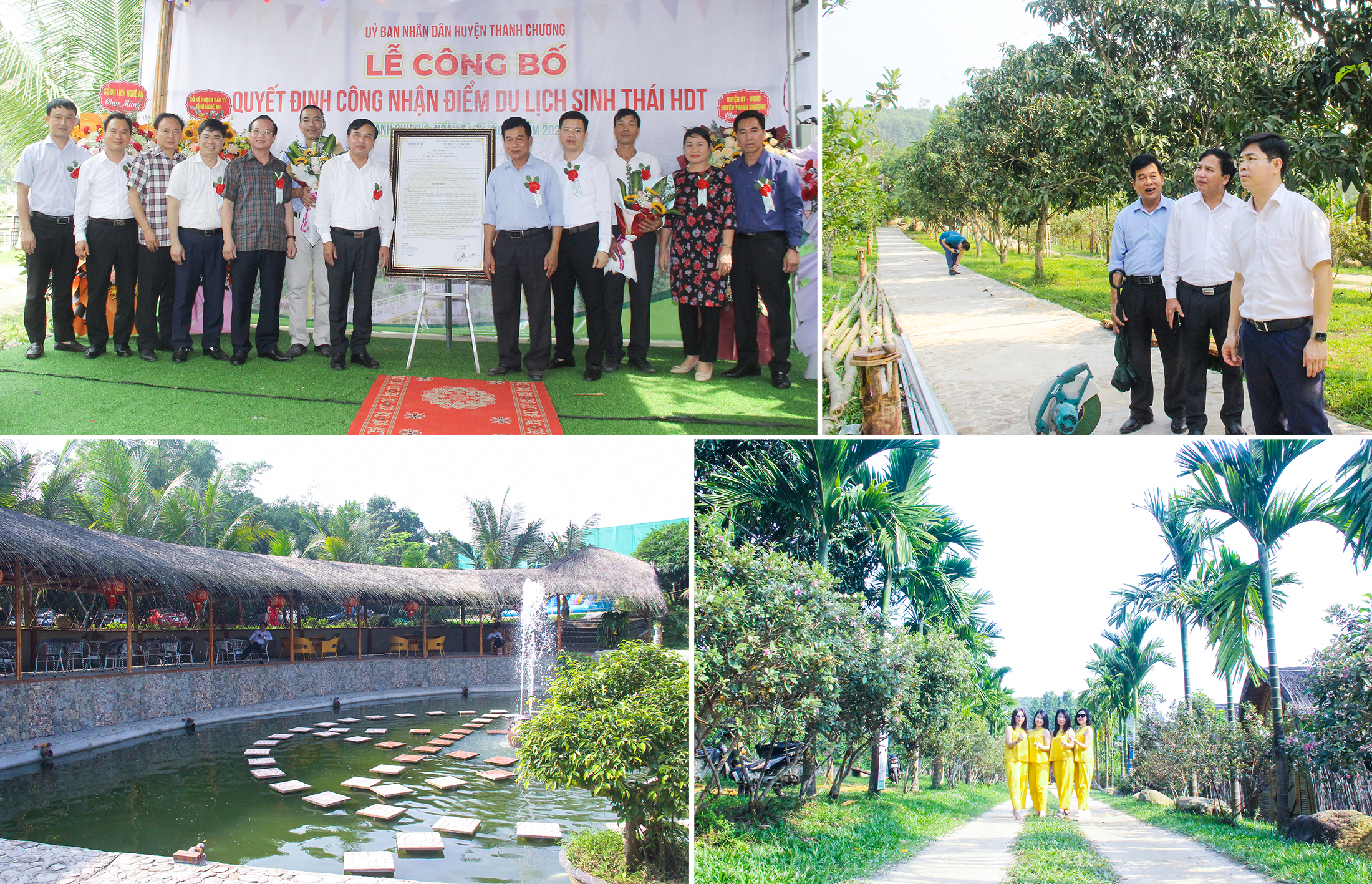 Khu du lịch sinh thái HDT đón Quyết định công nhận của UBND tỉnh về điểm du lịch sinh thái của tỉnh; Lãnh đạo HĐND tỉnh và huyện Thanh Chương tìm hiểu hoạt động của Khu du lịch sinh thái HDT; Một góc trải nghiệm tại Khu du lịch sinh thái HDT; Du khách đến trải nghiệm, check in tại Khu du lịch sinh thái HDT. Ảnh: Mai Hoa