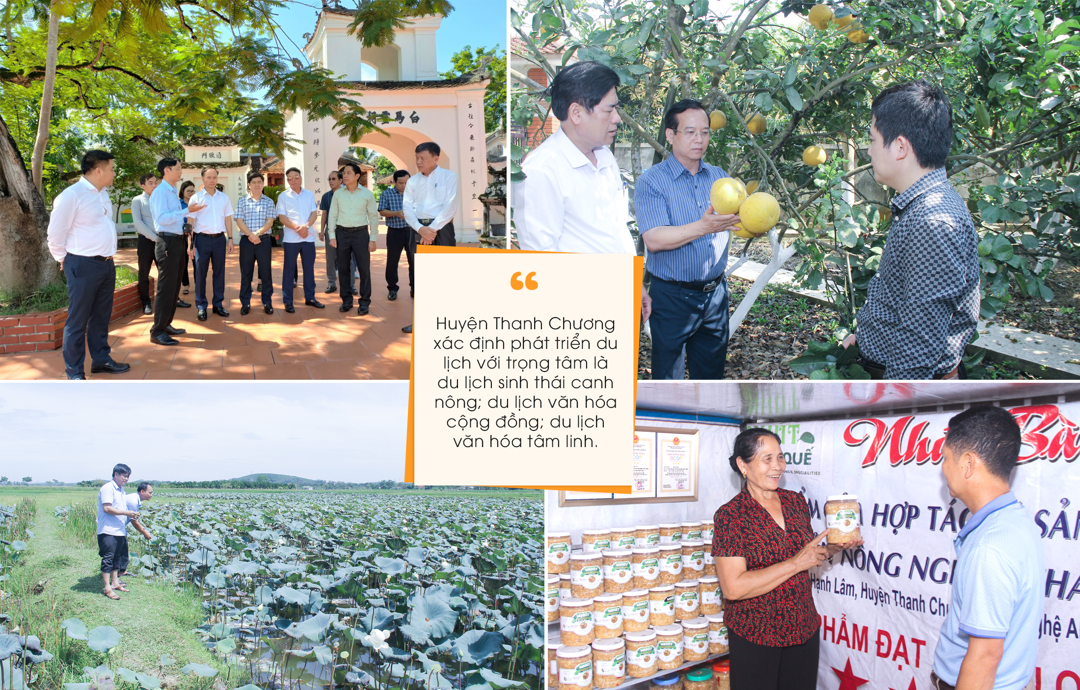 Đoàn công tác quận Long Biên (Hà Nội) tham quan Di tích đền Bạch Mã; Cây bưởi Diễn được trồng trên đất Thanh Chương có chất lượng tốt; Diện tích sen đang được xã Thanh Liên đẩy mạnh phát triển được 12 ha, trở thành điểm check in của nhiều người dân; Bà Hồ Thị Quế giới thiệu sản phẩm nhút đạt chuẩn 4 sao cho khách hàng. Ảnh: Mai Hoa