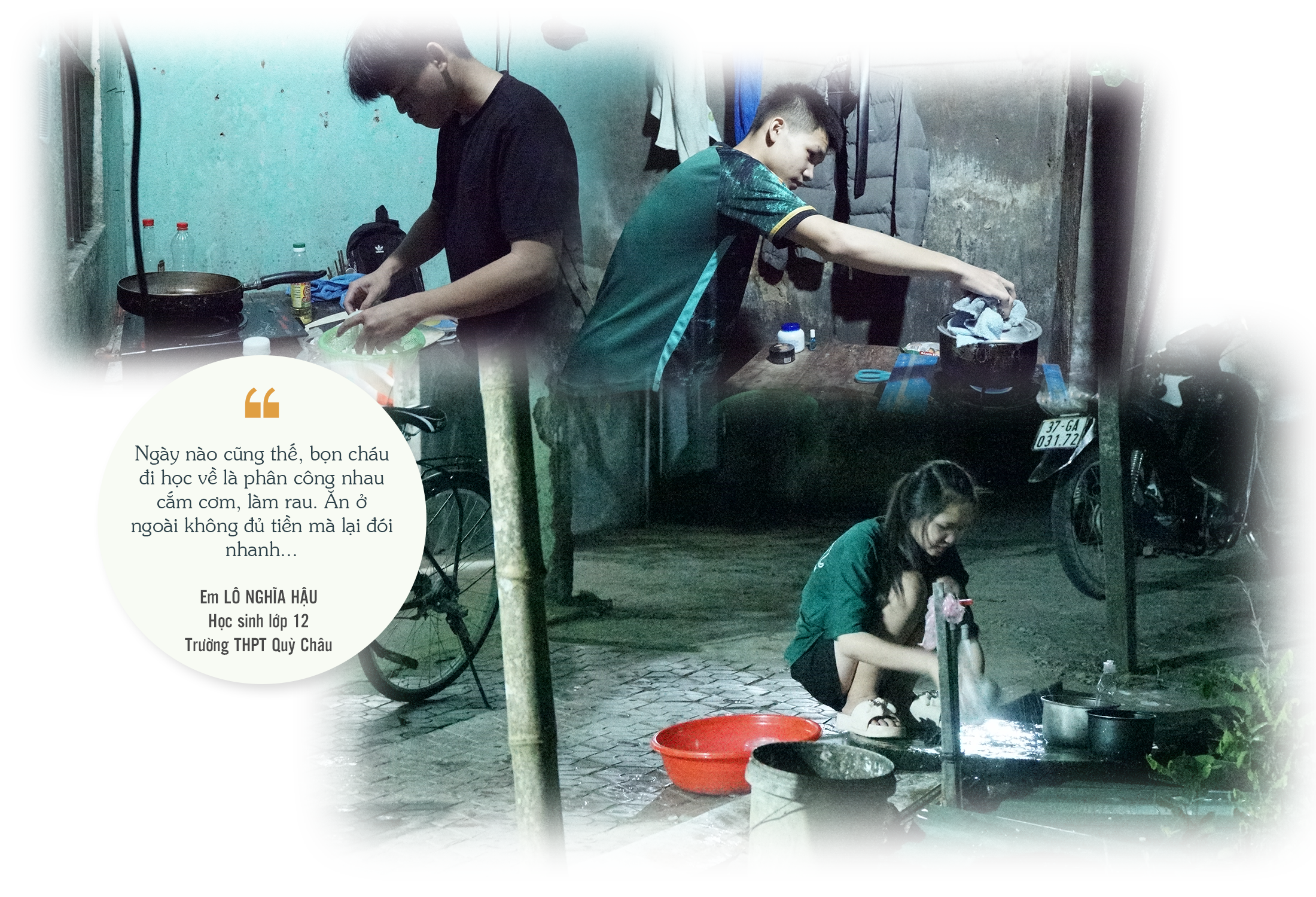 Các em Lô Nghĩa Hậu và Vang Tuấn Khanh (học sinh lớp 12 Trường THPT Quỳ Châu) nấu bữa tối tại phòng trọ; Em Vi Thị Luyến (học sinh lớp 12 Trường THPT Quỳ Châu) cho biết, nếu trường có KTX thì các em sẽ chuyên tâm vào việc học.