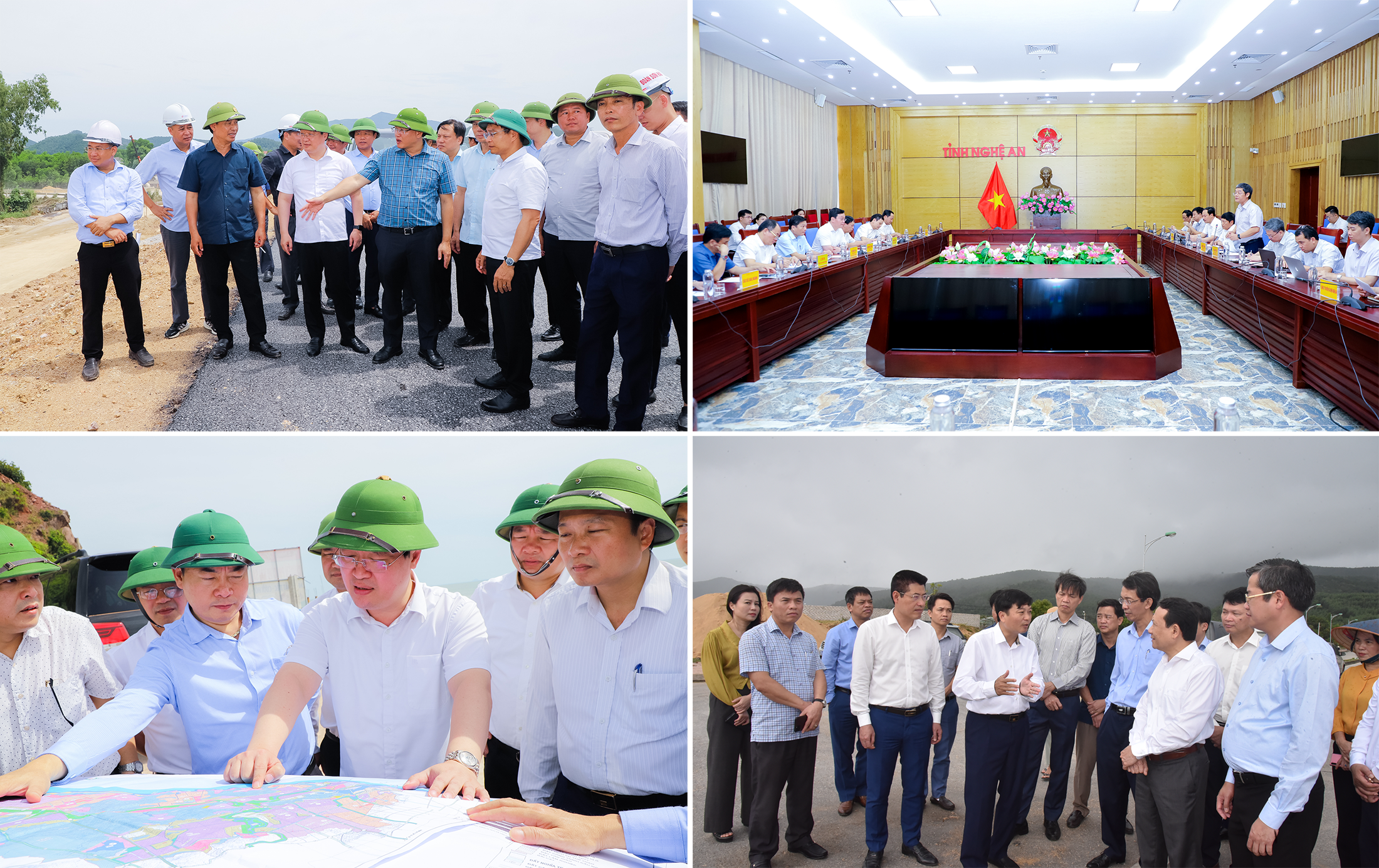 Bộ trưởng Bộ Giao thông vận tải Nguyễn Văn Thắng cùng đoàn công tác kiểm tra tiến độ dự án cao tốc Bắc - Nam qua địa bàn tỉnh Nghệ An; Chủ tịch UBND tỉnh Nguyễn Đức Trung làm việc với lãnh đạo Tập đoàn Điện lực Việt Nam để giải quyết việc cung ứng điện cho phát triển công nghiệp; Lãnh đạo tỉnh Nghệ An kiểm tra quy hoạch khu vực biển xã Nghi Tiến (Nghi Lộc) và khảo sát tại Khu công nghiệp Đông Hồi (thị xã Hoàng Mai). Ảnh: Phạm Bằng - Thanh Lê