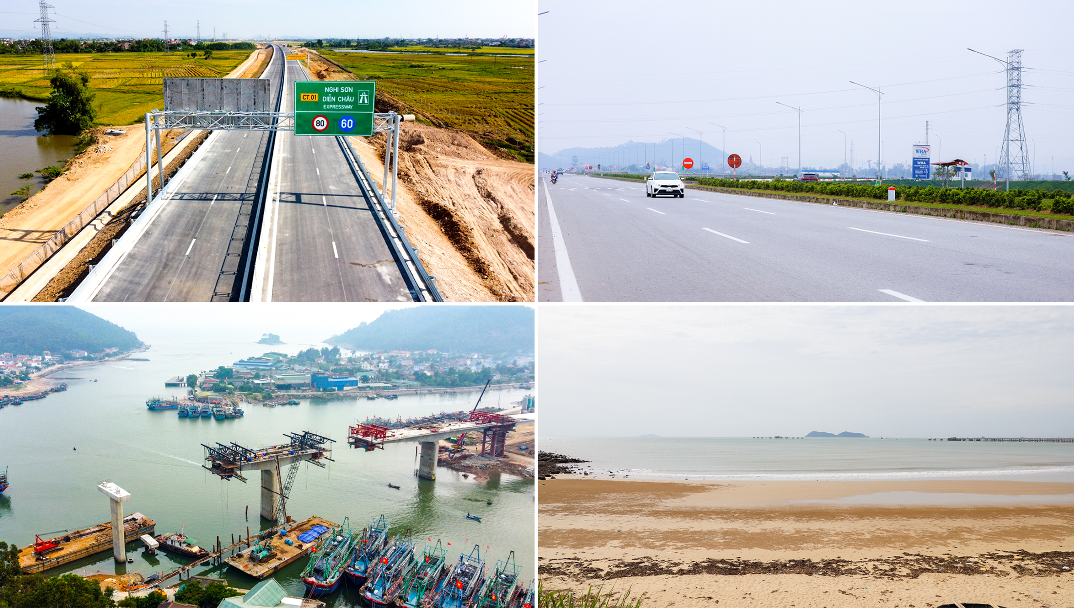 Cao tốc Nghi Sơn - Diễn Châu hoàn thành rút ngắn khoảng cách từ thành phố Hà Nội đến Nghệ An; Hạ tầng Khu kinh tế Đông Nam đoạn qua dự án WHA Industrial Zone 1 - Nghệ An được đầu tư đồng bộ; Nghệ An đang tập trung sớm hoàn thành đường ven biển từ Nghi Sơn (Thanh Hóa) đến Cửa Lò (Nghệ An); Vị trí xây dựng Cảng nước sâu Cửa Lò. Ảnh: Thành Cường - Thành Duy - Phạm Bằng