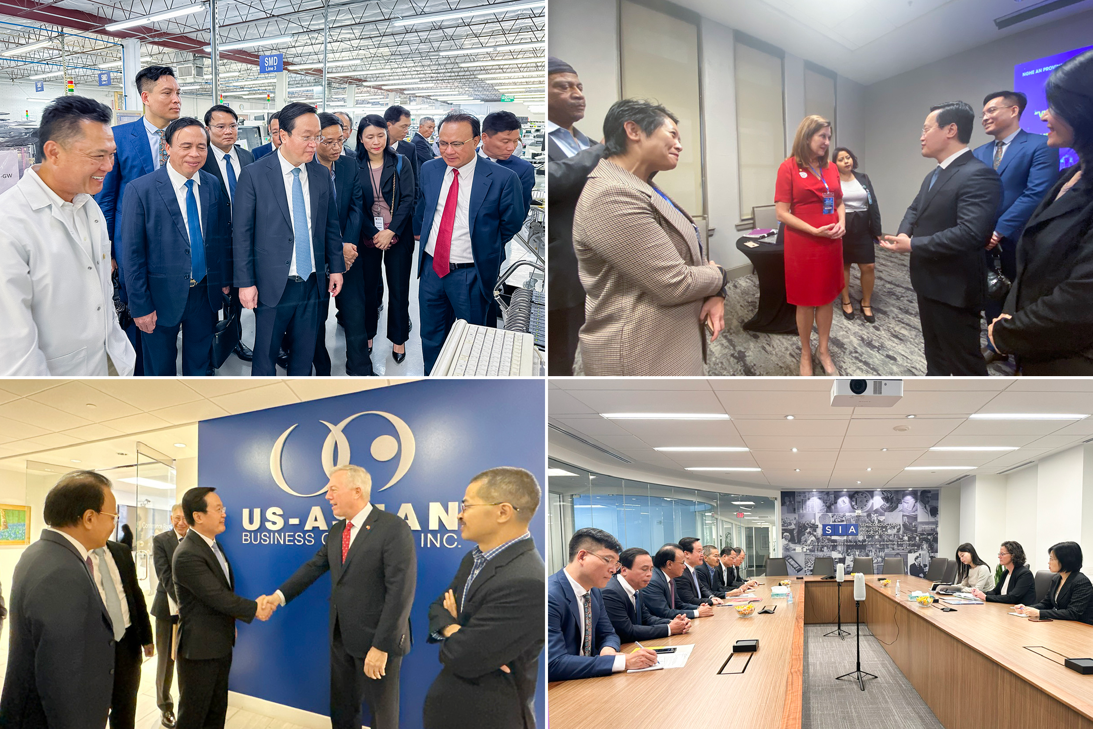 Chủ tịch UBND tỉnh Nguyễn Đức Trung và đoàn công tác tỉnh Nghệ An thăm nhà máy của Công ty National Circuit Assembly (NCA) có trụ sở tại thành phố Garland; Chủ tịch UBND tỉnh Nghệ An Nguyễn Đức Trung trao đổi với bà Samatha Taylor - Giám đốc sở Phát triển Kinh tế thành phố Dallas và các doanh nghiệp Dallas, Houston; trao đổi với Chủ tịch Hội đồng kinh doanh Hoa Kỳ - ASEAN; Đoàn công tác của tỉnh Nghệ An làm việc với Hiệp hội Công nghiệp bán dẫn Hoa Kỳ. Ảnh: Phan Tú