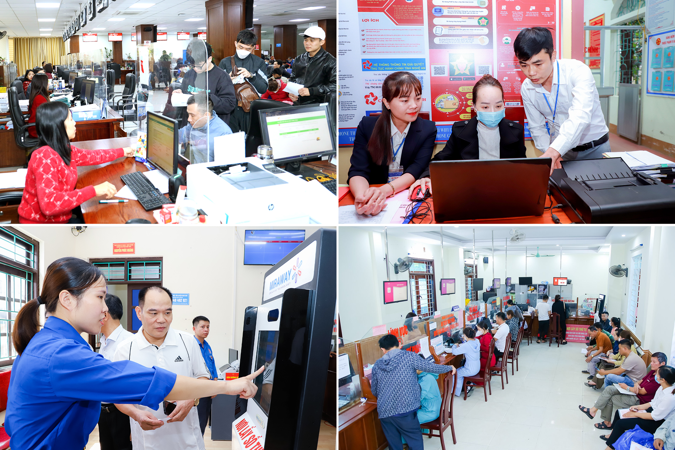 Người dân thực hiện giao dịch tại Trung tâm Phục vụ hành chính công tỉnh; Công chức xã Nghĩa Thuận, thị xã Thái Hòa làm việc tại Bộ phận một cửa hướng dẫn người dân sử dụng dịch vụ công trực tuyến; Người dân đến giao dịch tại Bộ phận Một cửa UBND huyện Nam Đàn và huyện Nghi Lộc. Ảnh: Nguyên Nguyên - Thành Duy - Lâm Tùng