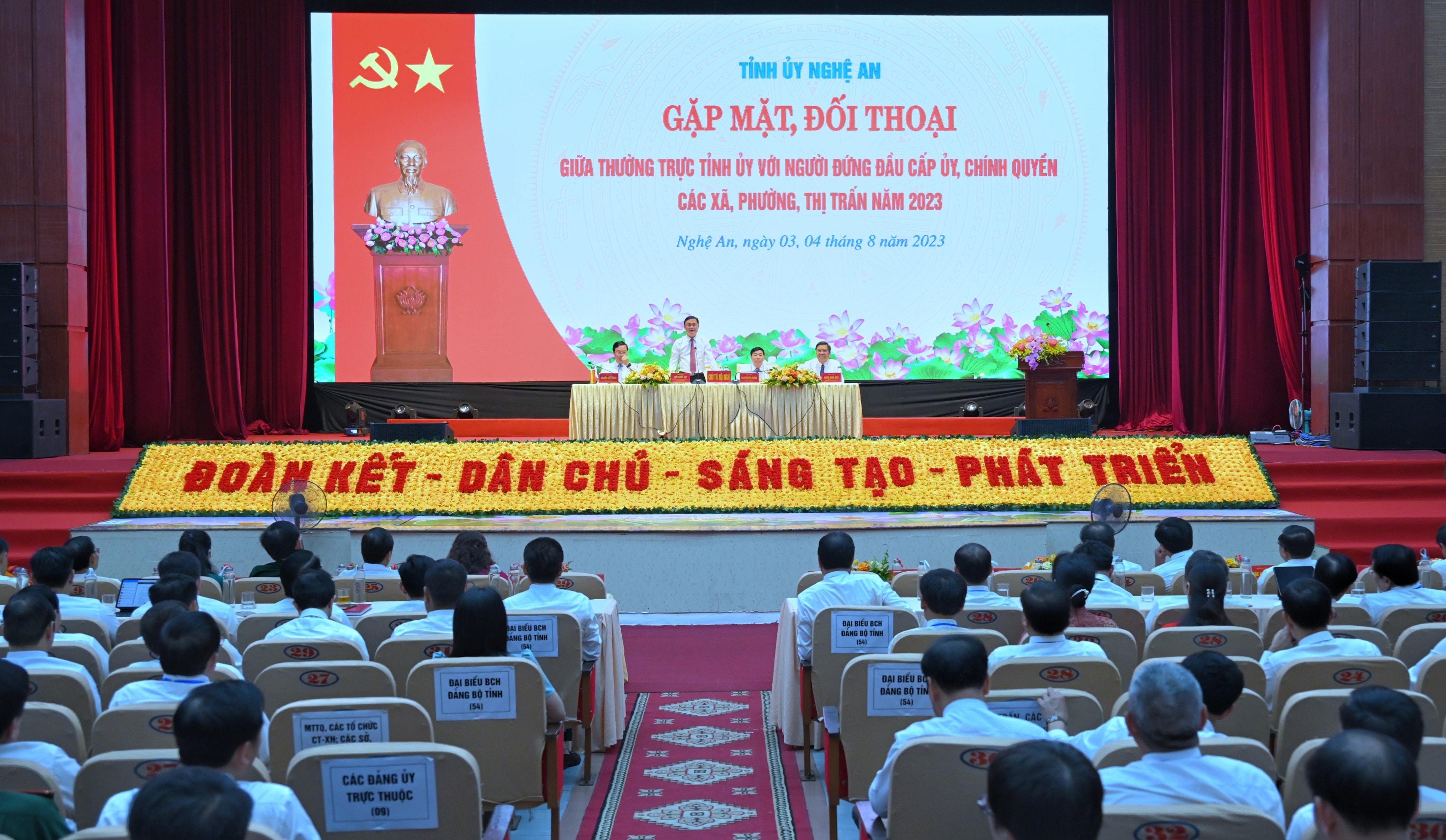 Toàn cảnh Chương trình gặp mặt, đối thoại giữa Thường trực Tỉnh ủy với người đứng đầu cấp ủy, chính quyền các xã, phường, thị trấn trên địa bàn tỉnh Nghệ An năm 2023. Ảnh tư liệu: Thành Cường