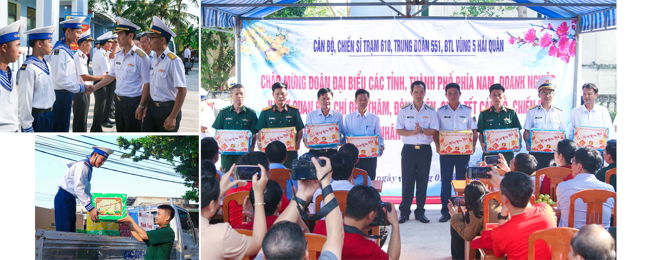 Chuẩn đô đốc Nguyễn Hữu Thoan - Bí thư Đảng ủy, Chính ủy Bộ Tư lệnh Vùng 5 Hải quân chúc tết các cán bộ, chiến sĩ tại Trạm Radar 610; Những món quà từ đất liền được chuyển đến các đơn vị đứng chân trên đảo Thổ Chu.