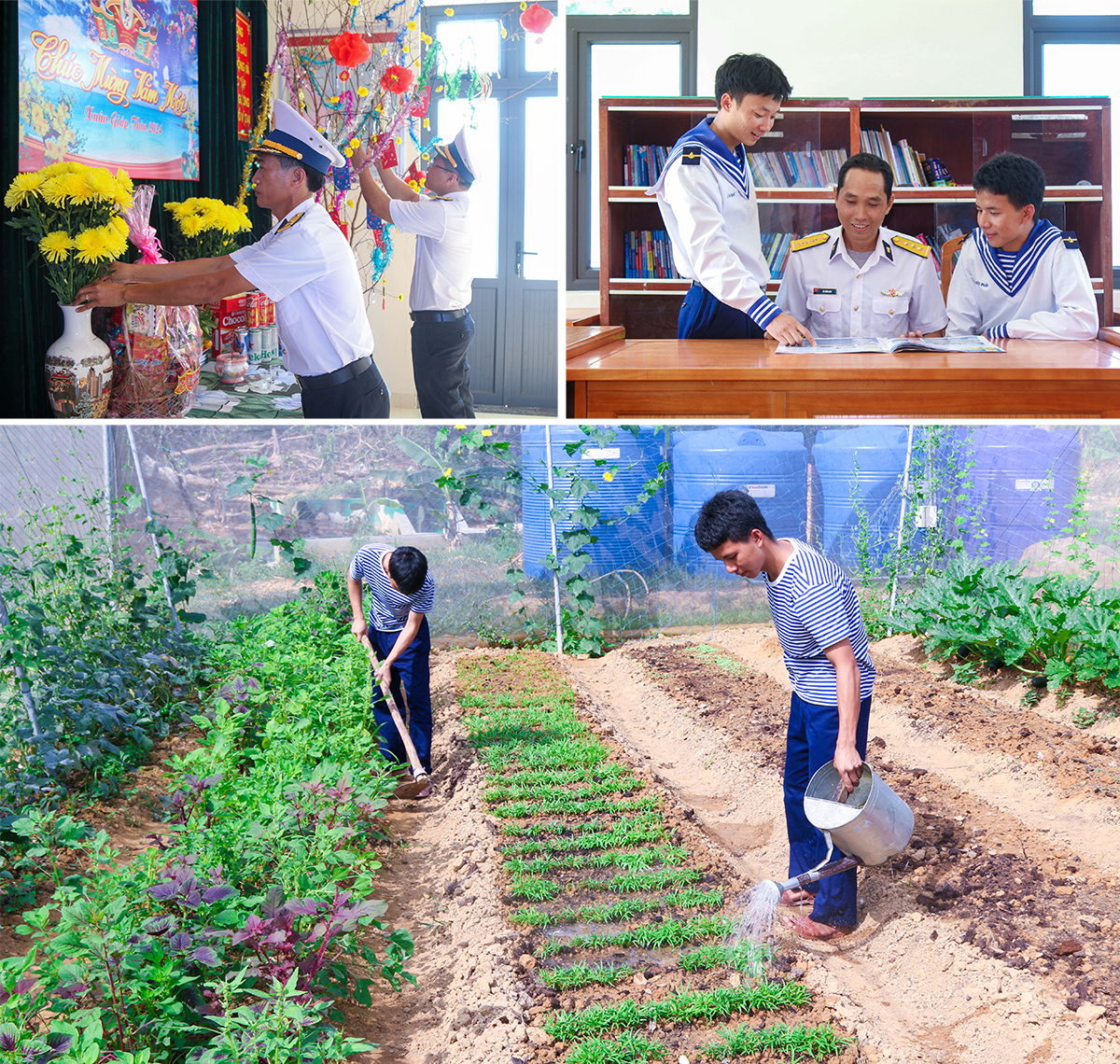 Thiếu tá Đặng Ngọc Mạnh (bên trái) cùng cán bộ tại Trạm Ra đa 610 chuẩn bị mâm ngũ quả đón Tết; Cán bộ, chiến sĩ trạm đọc báo Tết; Các chiến sĩ tăng gia sản xuất.