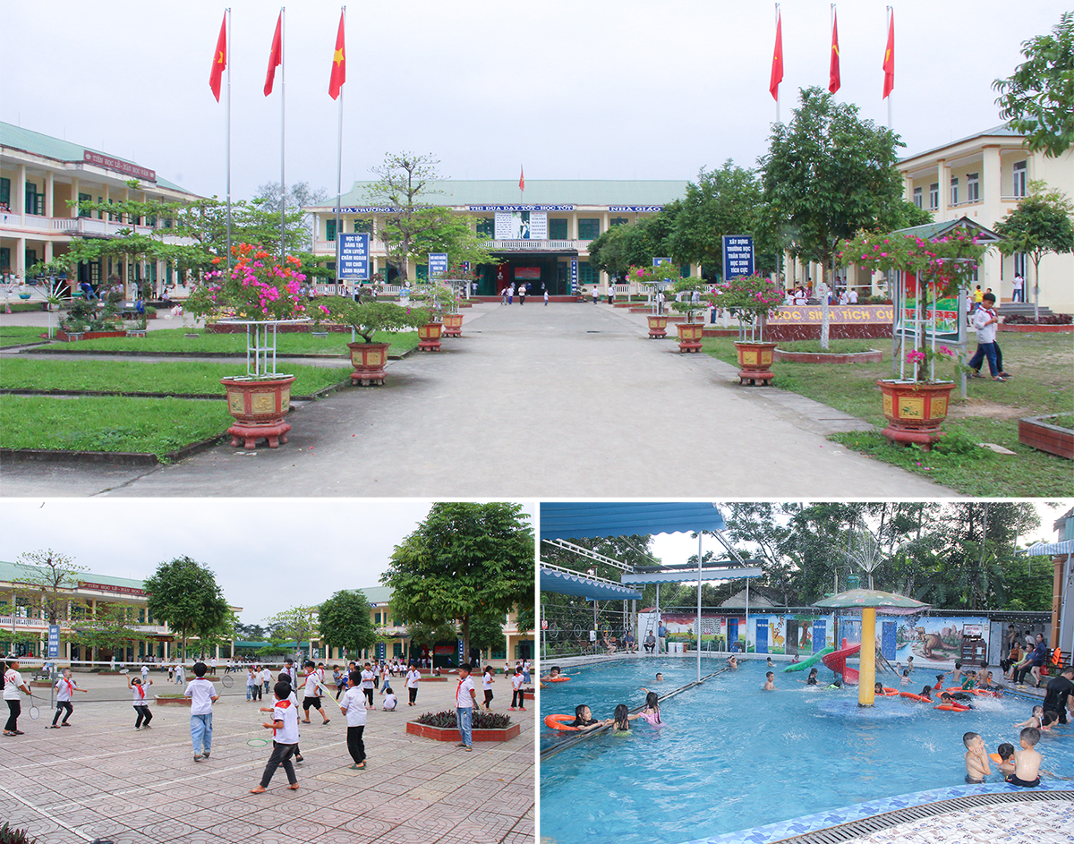 Hệ thống trường học 3 bậc học ở Thanh Liên đều đạt chuẩn quốc gia, trong đó trường tiểu học đạt chuẩn mức độ 2; Trên địa bàn xã Thanh Liên có bể bơi, tạo sân chơi cho trẻ em. Ảnh: Mai Hoa