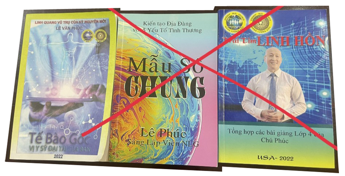 3 cuốn sách của nhóm Năng lượng gốc bị cơ quan chức năng thu giữ được tại nhà một người dân trên địa bàn huyện Hưng Nguyên. Ảnh: T.Đ