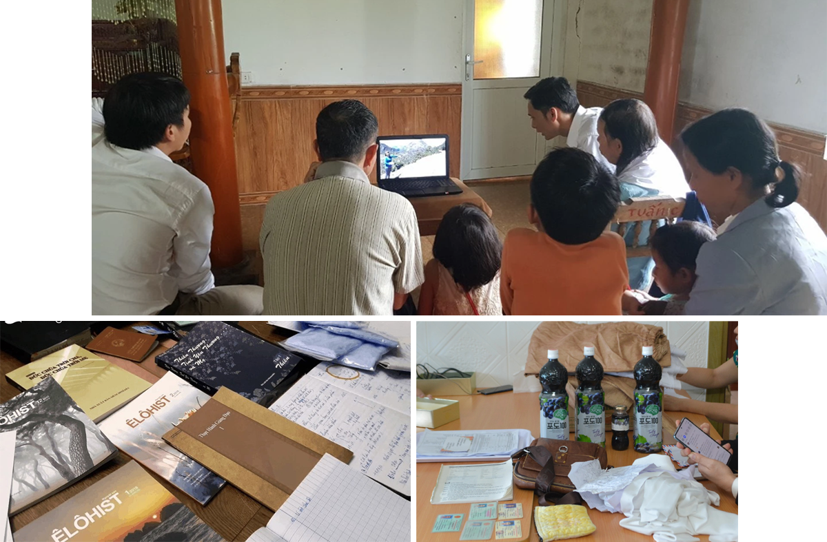 Các đối tượng đang sinh hoạt Hội thánh của Đức Chúa Trời Mẹ; Các tài liệu, sách liên quan đến Hội thánh của Đức Chúa Trời Mẹ; Một số tang vật của nhóm tụ tập sinh hoạt Hội Thánh của Đức Chúa Trời Mẹ bị lực lượng chức năng thu giữ tại hiện trường. Ảnh tư liệu: Quỳnh Trang - Nam Phúc