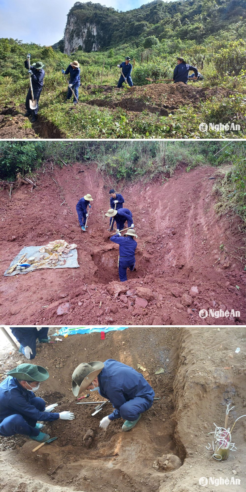 Lực lượng tìm kiếm của Đội quy tập phải đào hàng trăm mét khối đất, đá trên đèo cao, núi thẳm để tìm hài cốt các liệt sĩ Việt Nam đã hy sinh tại đất nước Lào