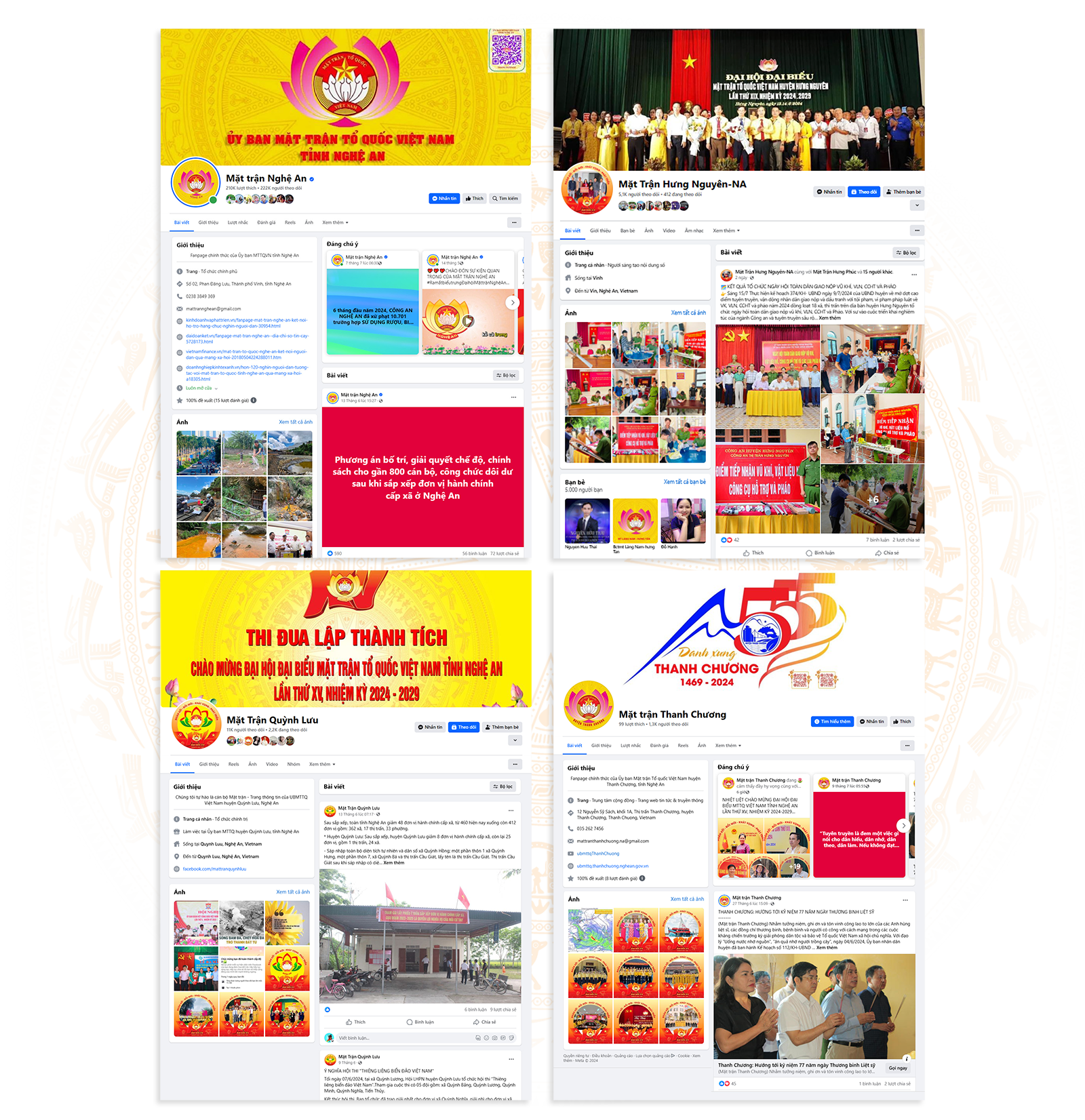 Các trang facebook của MTTQ các cấp tỉnh Nghệ An.