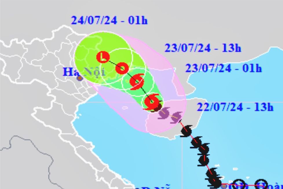 Dự báo đường đi của bão số 2 sáng 22/7. Ảnh: NCHMF