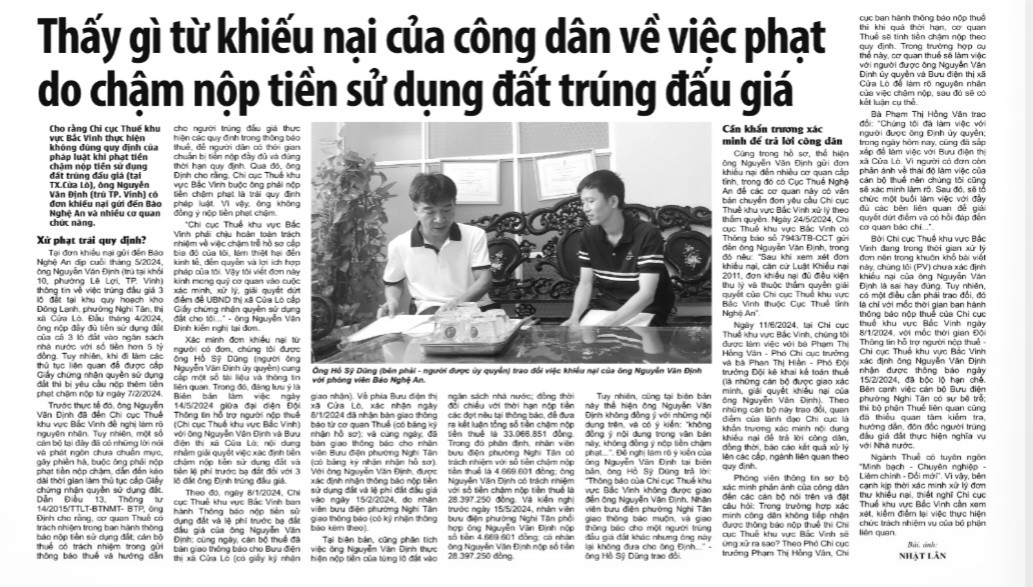 Bài viết “Thấy gì từ khiếu nại của công dân về việc phạt do chậm nộp tiền sử dụng đất trúng đấu giá” trên báo Nghệ An ngày 13/6/2024. Ảnh: Nhật Lân