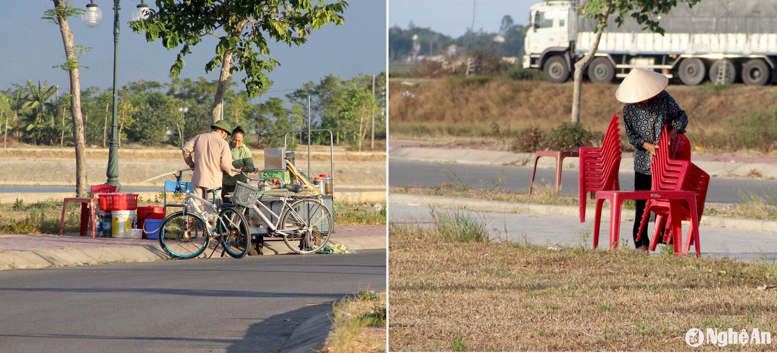 Các hộ dân lén lút kinh doanh tại hồ điều hòa khi không có lực lượng chức năng. Ảnh Quang An