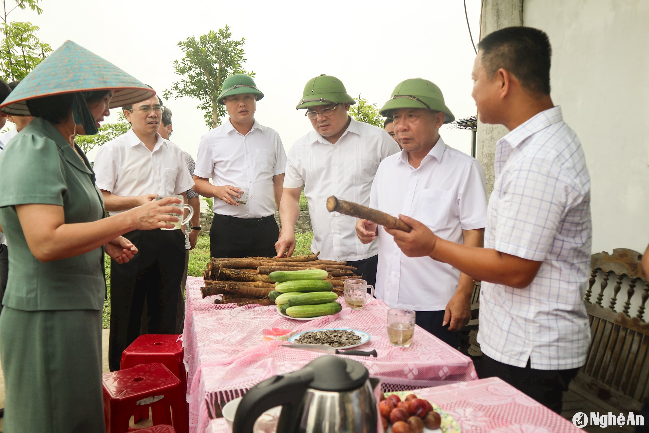 Phó Chủ tịch UBND tỉnh Nguyễn Văn Đệ và đoàn công tác thăm mô hình kinh tế ở Long XÁ (Hưng Nguyên). Ảnh: T.P