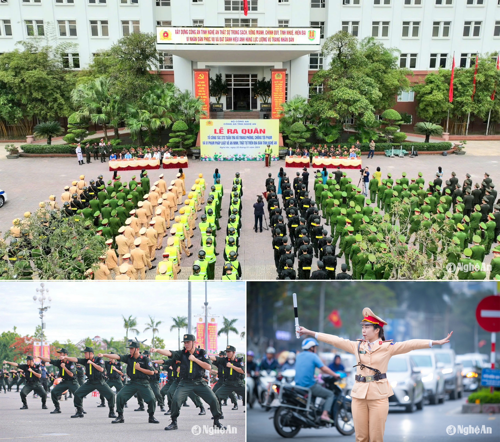 Ra quân Tổ công tác 373 tuần tra vũ trang phòng, chống tội phạm và vi phạm pháp luật về an ninh, trật tự trên địa bàn Nghệ An; Công an Nghệ An nâng cao công tác huấn luyện, sẵn sàng chiến đấu; Nữ CSGT điều tiết giao thông. Ảnh: Minh Khôi - Đức Anh