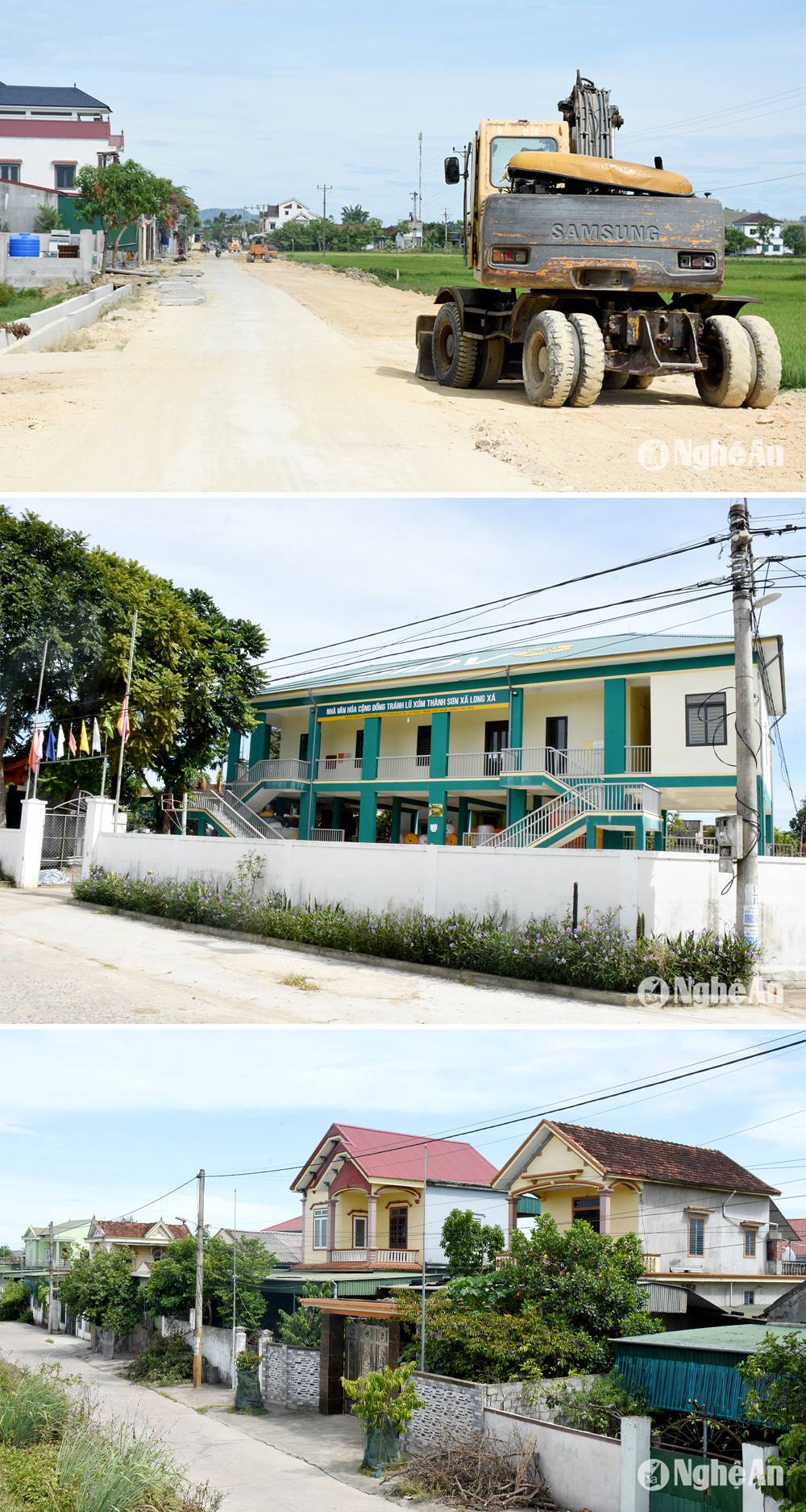 7. Mở rộng đường giao thông nông thôn ở xã Long Xá (Hưng Nguyên); Nhà văn hóa xóm Sơn Thành, xã Long Xá; Một góc xã Long Xá hôm nay. Ảnh: Công Kiên