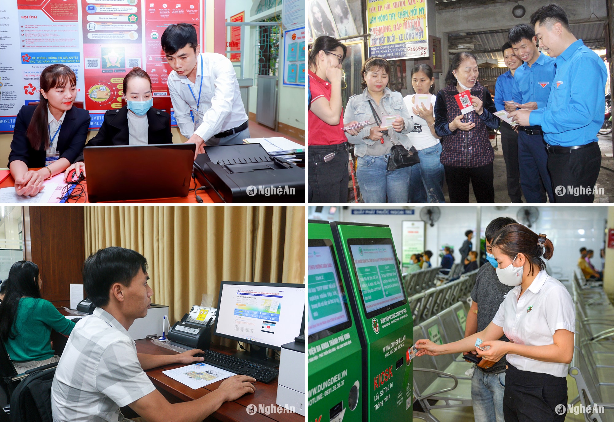 Công chức xã Nghĩa Thuận, thị xã Thái Hòa làm việc tại Bộ phận một cửa hướng dẫn người dân sử dụng dịch vụ công trực tuyến; Lực lượng thanh niên tuyên truyền chuyển đổi số cho người dân; Người dân thao tác các bước để đổi giấy phép lái xe qua mạng; Nhân viên Bệnh viện Đa khoa thành phố Vinh hướng dẫn người dân đăng ký khám bệnh bằng thẻ CCCD có gắn chip. Ảnh: Tư liệu