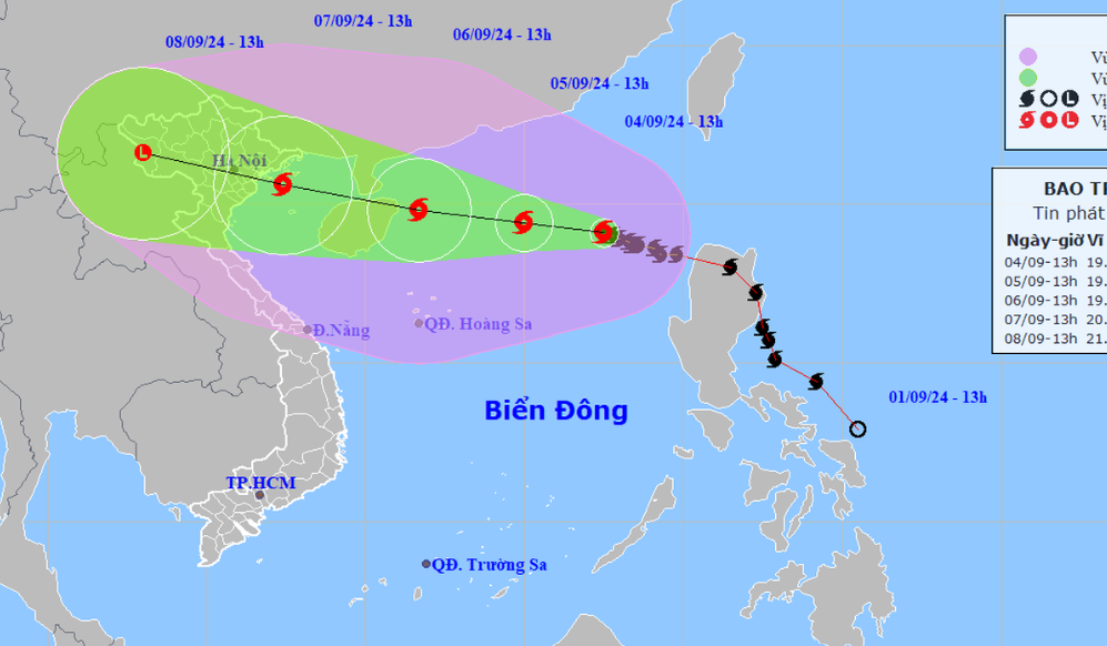 Dự báo vị trí và hướng di chuyển bão số 3 lúc 14h chiều 4-9 - Ảnh: NCHMF