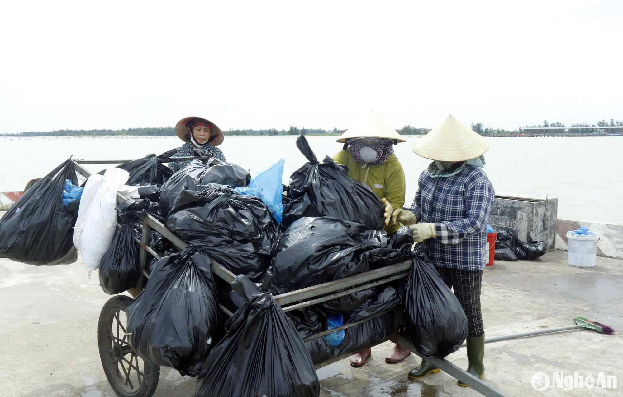 Rác được các công nhân đóng gói cẩn thận đưa lên bờ để phân loại, xử lý. Ảnh Thành Chung (1)