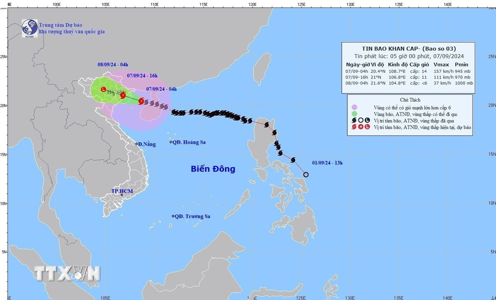 Hướng di chuyển của bão số 3. (Ảnh: TTXVN phát)