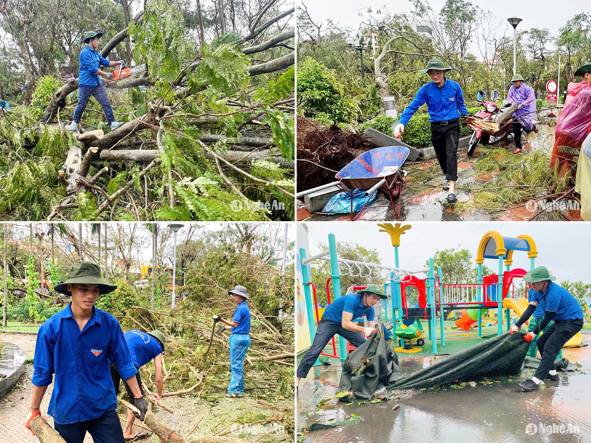 Các thanh niên Nghệ An khắc phục những điều kiện thiếu thốn để hoàn thành nhiệm vụ hỗ trợ người dân Hải Phòng. Ảnh: Thành Tân