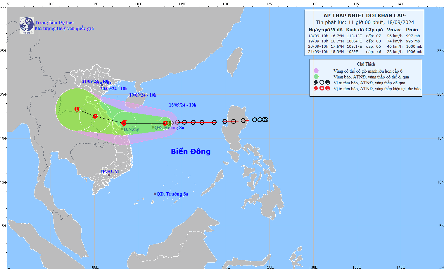 Dự kiến đường đi của áp thấp nhiệt đới. Ảnh cập nhật lúc 11h ngày 18/9. (Ảnh: TTKTTVQG).