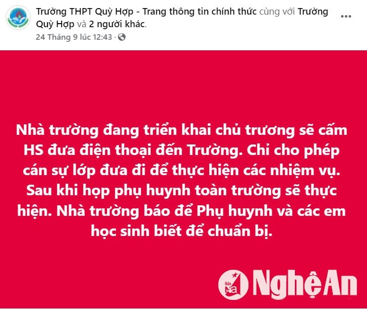 Trường THPT Quỳ Hợp ra thông báo về việc cấm sử dụng điện thoại