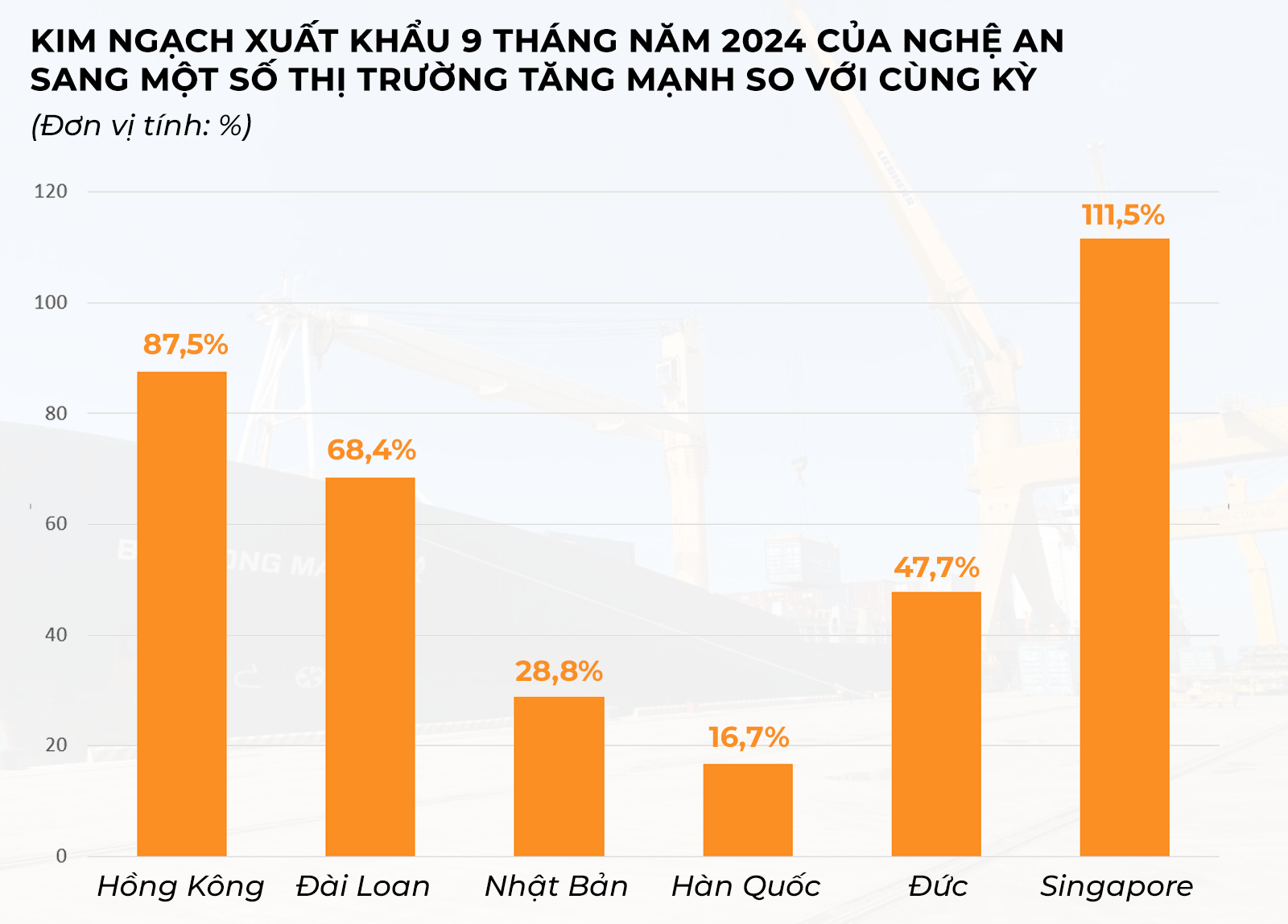 Kim ngạch xuất khẩu 9 tháng năm 2024 của Nghệ An sang một số thị trường tăng mạnh so với cùng kỳ