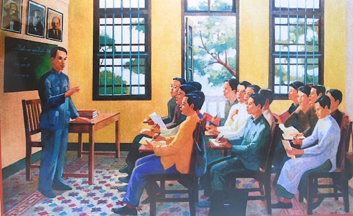 Đồng chí Nguyễn Ái Quốc đào tạo cán bộ cho cách mạng ở Quảng Châu (11/1924). Tranh minh họa