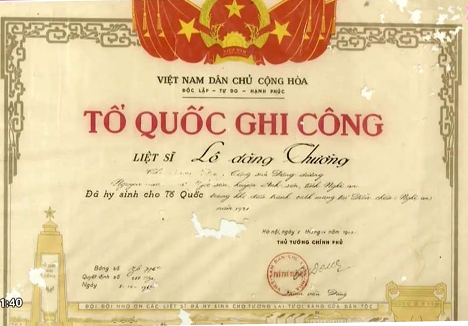 Bằng Tổ quốc ghi công của Liệt sĩ Lê Đăng Thường