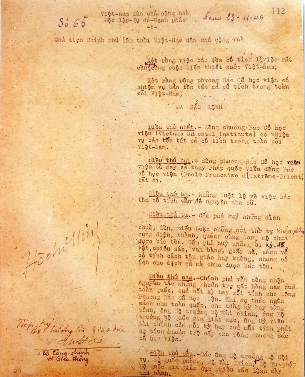 Sắc lệnh số 65/SL-TN của Chủ tịch Hồ Chí Minh ký ngày 23/11/1945 về bảo tồn di sản văn hóa