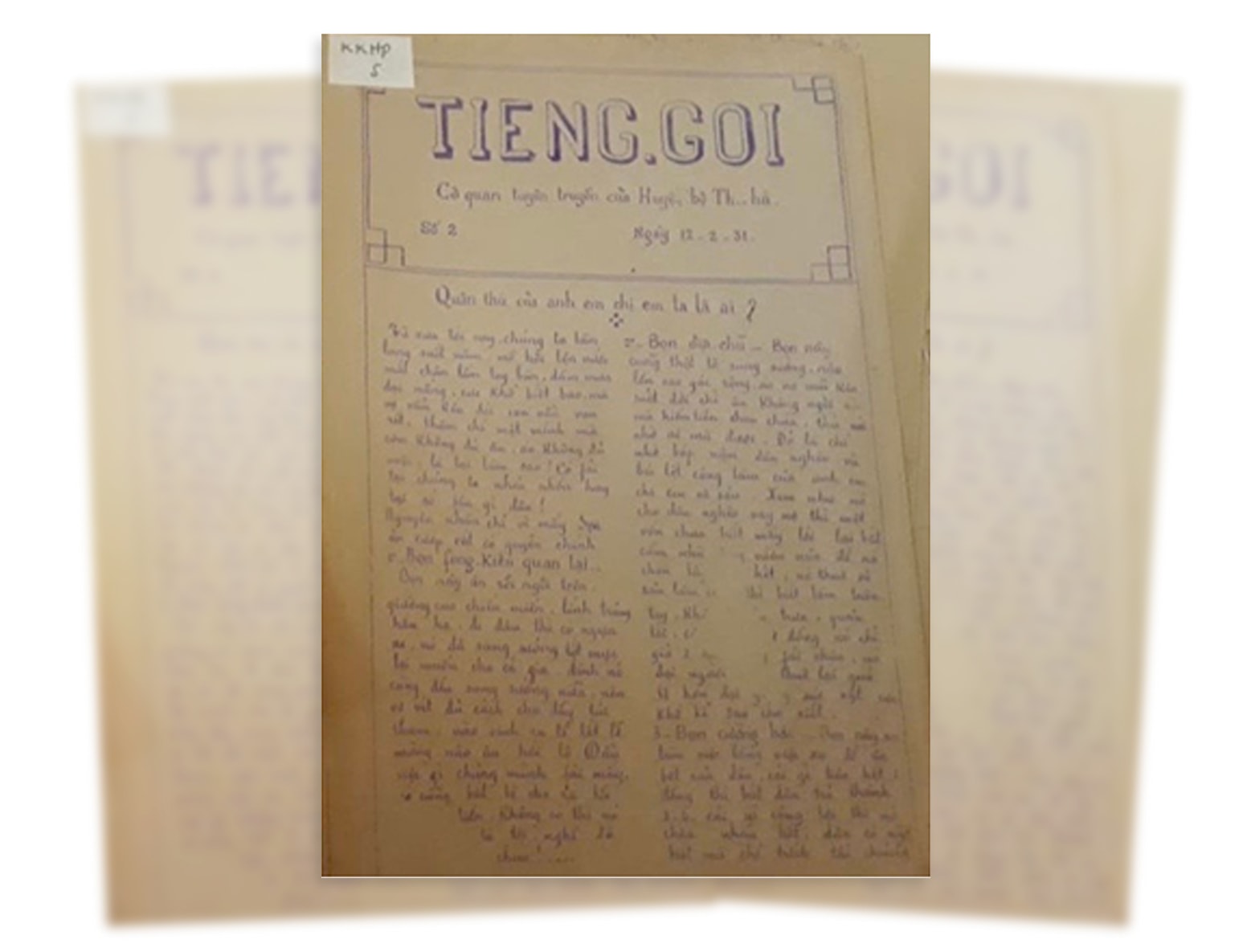 Báo Tiếng gọi - cơ quan ngôn luận của Huyện bộ Thạch Hà, số ra ngày 12-2-1931