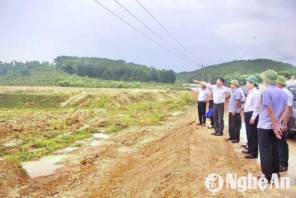  Lãnh đạo huyện Nghi Lộc khảo sát hệ thống thủy lợi tại xã Nghi Kiều. Ảnh- Mai Hoa