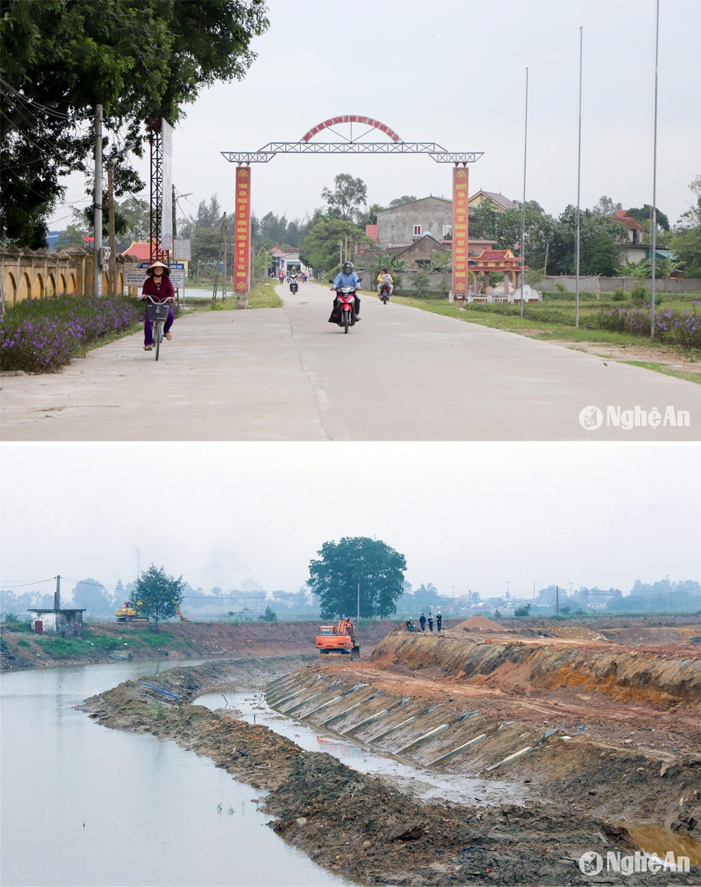 Một góc xã nông thôn mới Hưng Đạo; Thi công đê sông tại xã Hưng Đạo. Ảnh: Thành Duy - Mai Hoa