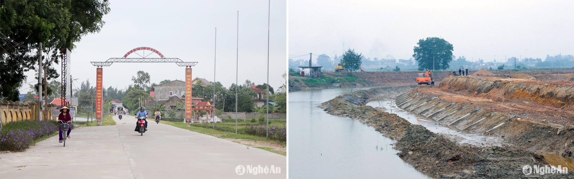 Một góc xã nông thôn mới Hưng Đạo; Thi công đê sông tại xã Hưng Đạo. Ảnh: Thành Duy - Mai Hoa