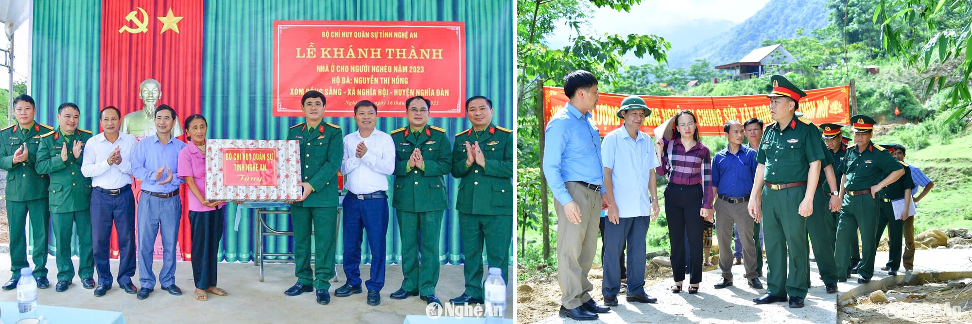 Bộ CHQS tỉnh luôn là một trong những lực lượng đi đầu trong phong trào LLVT chung tay vì người nghèo, không để ai bị bỏ lại phía sau; Đại tá Nguyễn Kỳ Hồng - Chính uỷ Bộ CHQS tỉnh kiểm tra công trình giúp đỡ xã Nậm Giải (Quế Phong) xây dựng nông thôn mới của Bộ CHQS tỉnh.