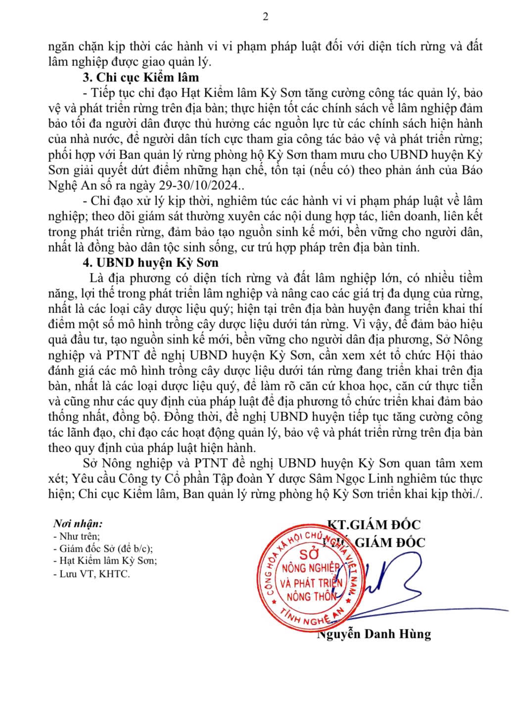 Công văn số 5581/SNN-KHTC ngày 13/12/2024 của Sở Nông nghiệp và Phát triển nông thôn về việc hợp tác, liên kết trồng cây dược liệu dưới tán rừng tại Ban Quản lý rừng phòng hộ Kỳ Sơn.