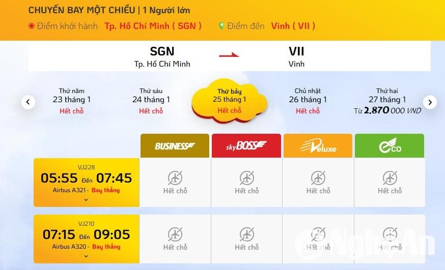 Vé máy bay chuyến TP HCM - Vinh của hãng VietJet Air đã hết vé từ ngày 23 - 26/1. Ảnh Q.A