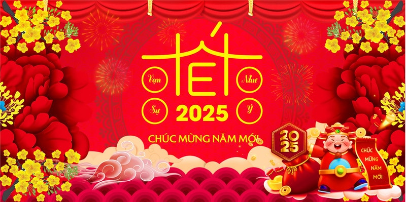 banner chúc mừng năm mới 2025 trên nền đò có hoa mai vàng và ông thần tài