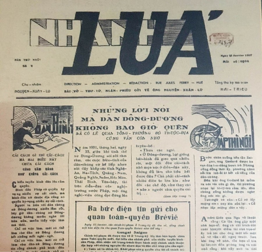 Báo Nhành Lúa, cơ quan Xứ ủy Trung kỳ Đảng Cộng sản Đông Dương, Báo được biên tập ở Huế, phát hành tại Hà Nội, toàn quốc và Pháp. Ảnh: Tư liệu 